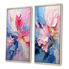 two large paintings with pink and blue flowers on them