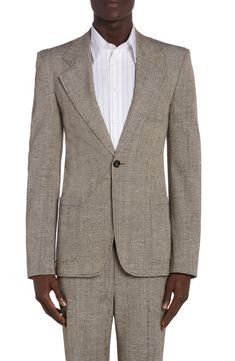 This single-button suit jacket with crisp notched lapels is crafted in Italy from a textured, silk-kissed melange fabric colored in neutral hues. 32 1/2" length (size 40) One-button closure Notched lapels Chest patch pocket; front patch pockets Functional three-button cuffs Back vent Partially lined 62% viscose, 38% silk Dry clean Made in Italy Designer Clothing Designer Single Button Blazer With Lapel Collar, Designer Single Button Blazer With Suit Collar, Designer Blazer With Notch Lapel And Welt Pockets, Designer Blazer With Suit Collar And Welt Pockets, Designer Notch Lapel Blazer With Pressed Crease, Designer Single Breasted Blazer With Notch Lapel, Designer Single-breasted Semi-formal Blazer, Designer Tailored Blazer With Welt Pockets, Designer Tailored Blazer With Single Button