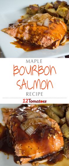 maple bourbon salmon recipe on a plate with potatoes and gravy in the background