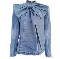 Bold Statement Denim Shirt Dress Queen, Denim Bows, Long Sleeve Denim Shirt, Cotton Polyester Fabric, Blue Jean Jacket, Denim Blouse, Bow Blouse, Mode Inspiration, Blue Jean