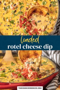 loaded rotel cheese dip in a red skillet with tortilla chips on the side