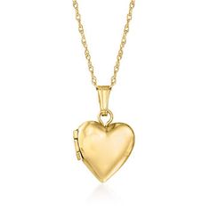 Ross-Simons - Plain - Baby's 14kt Yellow Gold Heart Locket Necklace. Size 13. Timeless elegance for the little lady in your life. This baby's heart locket necklace is crafted in 14kt yellow gold and opens to hold a small photo or keepsake. Suspends from a rope chain. Springring clasp, 14kt yellow gold heart locket necklace. Classic Heart Shaped 14k Gold Locket Necklace, Classic 14k Gold Heart Locket Necklace, Classic Yellow Gold Locket Necklace With Heart Charm, Classic Yellow Gold Heart Locket Necklace, Classic Heart Necklace For Keepsake, Classic Heart Locket Necklace, Gold Heart Locket Necklace, Gold Heart Locket, Gold Locket Necklace