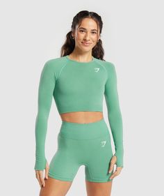 Gymshark Vital Seamless 2.0 Crop Top - Lagoon Green/ Marl Gym Shark Sweater Pink Zip Up, Gymshark Cropped Long Sleeve, Gym Shark Long Sleeve Crop, Home Gym Set, Gym Shorts Men, Gymshark Vital Seamless, Seamless Crop Top, Vintage Crop Tops, Fit Body