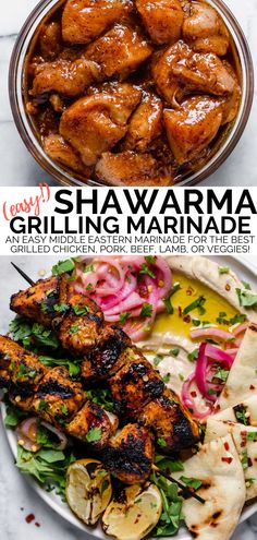 two plates with different types of food on them and the words shawama grilling marinade