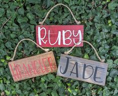 three wooden signs hanging from the side of a bush