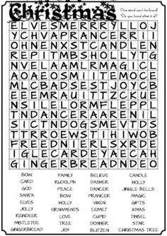 the christmas word search is shown in black and white