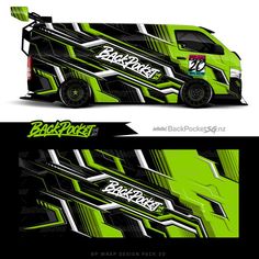 a green truck wrap design with black and white stripes