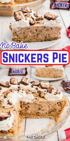 a slice of no bake snickkers pie on a plate