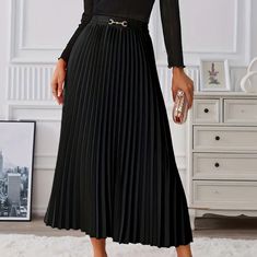 Elegant Design High Waisted Pleated Skirt In A Flattering Fit With Gold Chain Embellishments On The Waist Cheap Elegant Pleated Skirt For Spring, Cheap Long Pleated Skirt For Fall, Affordable Elegant Skirt With Elastic Waistband, Cheap Long Pleated Skirt For Party, Cheap Pleated Office Skirt, Cheap Chic Solid Color Pleated Skirt, Affordable Pleated Full Skirt, Cheap Chic Pleated Maxi Skirt, Cheap Chic Long Pleated Skirt