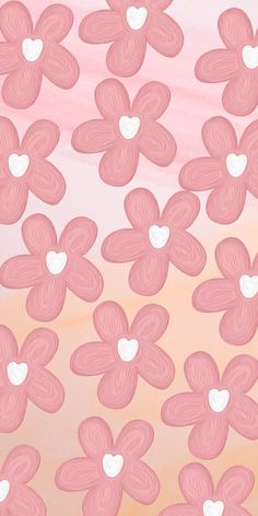 pink and white flowers with hearts in the middle on a pink, yellow and orange background