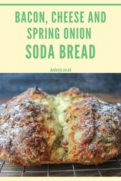 bacon, cheese and spring onion soda bread on a cooling rack with text overlay