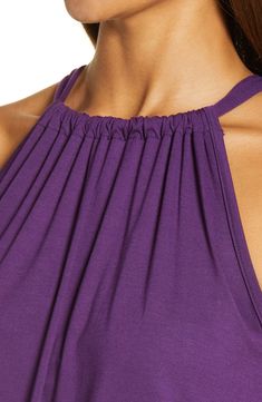 A stretchy knit and a shoulder-showing design put this halter-neck tank at the top of both the comfy and cute wardrobe rankings. 23" length Ties at neck Halter neck Sleeveless, with cutaway shoulders 95% rayon, 5% spandex Machine wash, dry flat Imported Women's Clothing Casual Halter Neck Top For Loungewear, Fitted Halter Neck Top For Loungewear, Spring Sleeveless Tops With Elastic Neckline, Casual Solid Halter Neck Top, Halter Neck Tank Top For Loungewear, Stretch Sleeveless Halter Top For Loungewear, Sleeveless Stretch Top With Elastic Neckline, Fitted Sleeveless Halter Top With Elastic Neckline, Summer Tops With Elastic Neckline And Stretch