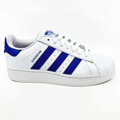 Condition: New Size: Men's  Material: Synthetic Color: White Style: Athletic Blue Low-top Sneakers With Three Stripes Branding, Blue Low-top Sneakers With Three Stripes, Blue Sneakers With Three Stripes Branding, Blue Low-top Sneakers For Sports Events, Adidas Blue Sneakers With Three Stripes, Blue Adidas Custom Sneakers For Streetwear, Blue Low-top Custom Sneakers For Sports Events, Blue Skate Shoes With Three Stripes And Round Toe, Blue Skate Shoes With Three Stripes For Streetwear