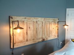 the headboard is made from an old door