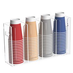 four different colored cups in a holder