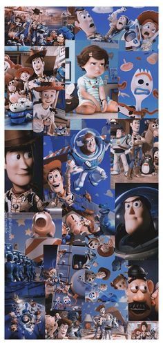 many different pictures of cartoon characters in blue and white colors, including the character from toy story