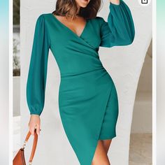 Zesica Amazon Body Con Dress Size Medium Elegant Green Mini Dress With Surplice Neckline, Chic Spring Bodycon Dress With Surplice Neckline, Chic Blue Mini Dress With Surplice Neckline, Fitted Bodycon Dress With Surplice Neckline For Spring, Fitted Midi Dress With Surplice Neckline For Brunch, Fitted Dress With Surplice Neckline For Brunch, Brunch Fitted Dress With Surplice Neckline, Green Sheath Dress For Brunch, Chic Green Bodycon Dress For Brunch