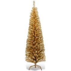 a gold tinsel christmas tree on a white background