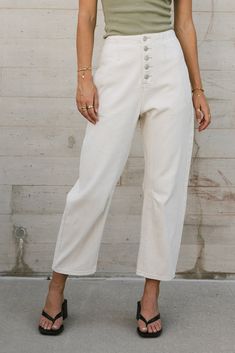 BUTTON FRONT BARREL JEANS IN CREAM Jean Fit, Barrel Jeans, Print Crop Tops, High Rise Denim, Crop Jacket, Wide Leg Jeans, Denim Pants, Bootcut Jeans, Jeans Fit