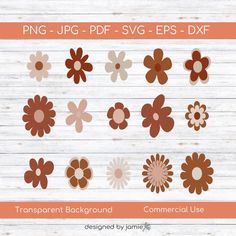 flower cliparts for commercial use on wood background with text that reads, png - jpf - svg - eps - dxf