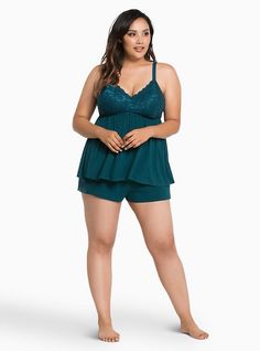 Sleep Lace Bust Babydoll TankPlus Size Sleep Lace Bust Babydoll Tank, DEEP SEA TEAL Plus Size Babydoll, Chubby Style, Plus Size Sleepwear, Adaptive Clothing, Cute Sleepwear, Babydoll Tank, Lace Bandeau, Knit Bottom, Lace Babydoll