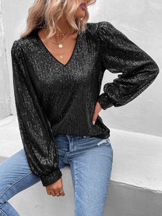 Black Party Collar Long Sleeve Sequins Plain Top Embellished Non-Stretch  Women Clothing Jollywood Nights, Sequin Blouse, Designer Outfits, Long Sleeve Sequin, Women Sweaters, Plain Tops, Women Blouses, Black Party, Ribbed Knit Sweater