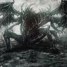 an alien creature with large wings sitting on the ground in front of a dark sky