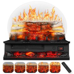 an electric fireplace with flames and remotes next to it's display case,