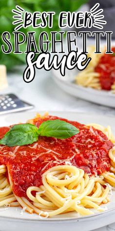 spaghetti sauce with basil leaves on top and the words best quick spaghetti sauce over it