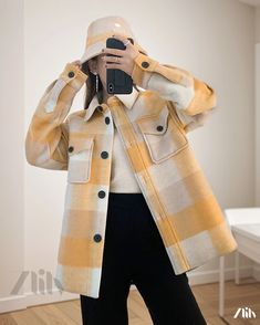 Zlily - Checkered Pattern Oversized Short Coat - A Stylish Outerwear Yellow Relaxed Fit Outerwear With Pockets, Relaxed Fit Yellow Outerwear With Pockets, Yellow Tops With Pockets For Fall, Yellow Fall Tops With Pockets, Yellow Relaxed Fit Outerwear For Fall, Trendy Oversized Yellow Outerwear, Yellow Oversized Outerwear For Fall, Yellow Collared Winter Outerwear, Oversized Yellow Outerwear For Fall