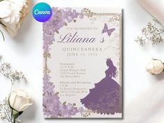 a purple and white wedding card with a silhouette of a woman in a dress surrounded by flowers