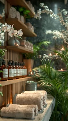 several bottles and towels are lined up on the shelf in front of some potted plants