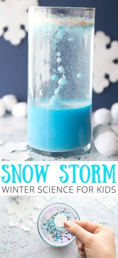 snow storm science for kids in a glass with blue liquid and sprinkles