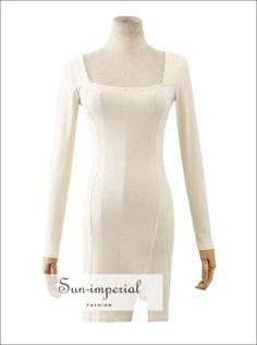 Women White Square Neck Long Sleeve Bodycon Ribbed Mini Dress with side Split Basic style Beige Long Sleeve Bodycon Dress, Fitted Beige Mini Dress For Fall, Beige Fitted Mini Dress For Fall, Fitted Beige Mini Dress For Winter, Beige Fitted Mini Dress For Winter, Winter Beige Fitted Mini Dress, Fitted Beige Bodycon Dress For Fall, Beige Fitted Bodycon Dress For Fall, Fitted Beige Sheath Bodycon Dress