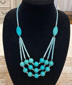 Vintage Southwestern Navajo Native American Authentic Turquoise Beaded Statement Necklace. In excellent condition. Total length unclasped and lying flat is 22" Turquoise Necklace With Large Beads, Turquoise Necklace With Large Round Beads, Beaded Turquoise Necklace With Round Beads, Turquoise Necklace With Large Beads For Jewelry Making, Bohemian Light Blue Jewelry With Faceted Beads, Turquoise Multi-strand Beaded Necklace With Large Beads, Adjustable Blue Beaded Turquoise Necklace, Adjustable Light Blue Turquoise Necklace In Bohemian Style, Turquoise Faceted Bead Necklaces