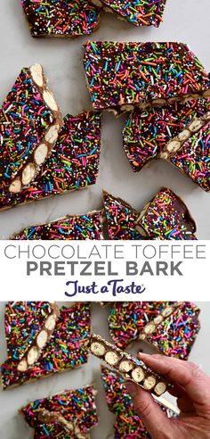 chocolate toffee pretzel bark with sprinkles