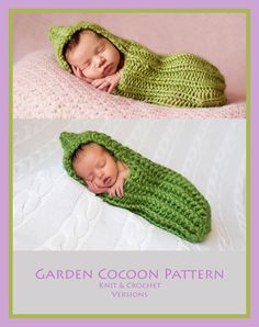 two photos of a newborn baby sleeping in a green crochet beanie hat