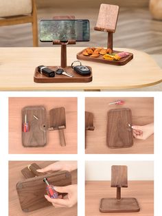 the phone holder is made out of wood