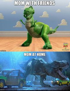 a dinosaur and a jeep in the middle of two pictures, one saying me at home