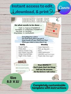 a poster with instructions for how to use the printable house rules on wood planks