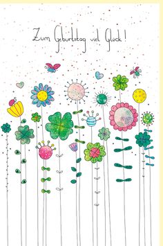 a card with colorful flowers and butterflies on it, says zun gluhlung