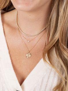 leMel is know for its dainty gold jewelry and especially its dainty gold necklaces! This tiny trio diamond necklace is simple and elegant. It is a timeless piece that matches with everything! Tennis Jewelry, Dainty Gold Jewelry, Diamond Tennis Necklace, Chic Necklace, Everyday Luxury, Dainty Gold Necklace, Disc Pendant, Tennis Necklace, Gold Necklaces