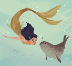 a mermaid is swimming next to a seal