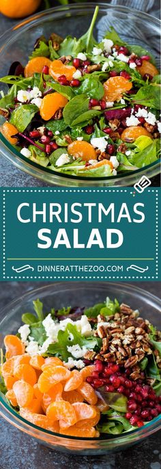 christmas salad with oranges, spinach and feta cheese on top in a glass bowl