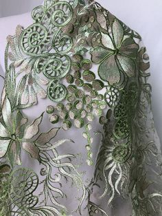 Gorgeous Lace Fabric Green and Gold Embroidered Floral Fabric | Etsy Elegant Green Gown With Floral Embroidery, Green Dress With Floral Embroidery For Reception, Green Floral Embroidery Party Gown, Green Floral Embroidered Party Gown, Green Organza Party Gown, Green Embellished Organza Gown, Embellished Green Gown For Banquet, Fitted Green Gown With Floral Embroidery, Green Embroidered Gown For Party