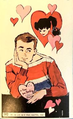 a drawing of a man holding a heart in front of two women with hearts above them