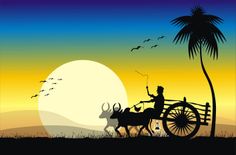 a man riding on the back of a horse drawn carriage in front of a sunset