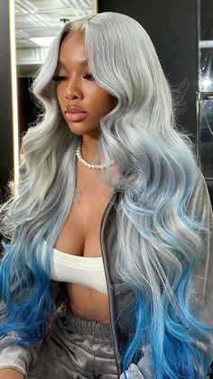 @itssaintlaurennn Blue Wig Black Women, Grey And Blue Hair, Blue Hairstyles For Black Women, Navy Blue Wig, Light Blue Wig, Glamour Photo Shoot, Blue Wig, Baddie Hairstyles, Black Women Hairstyles