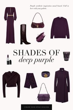 A mood board for shades of deep purple in color analysis Purple Mood Board Aesthetic, Purple Mood Board, True Winter Color Palette, Mood Board Aesthetic, Deep Winter Palette, Deep Autumn Color Palette, Beige Skin