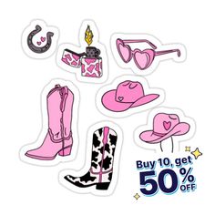 pink stickers with cowboy hats, boots and stars on the bottom one is 50 % off